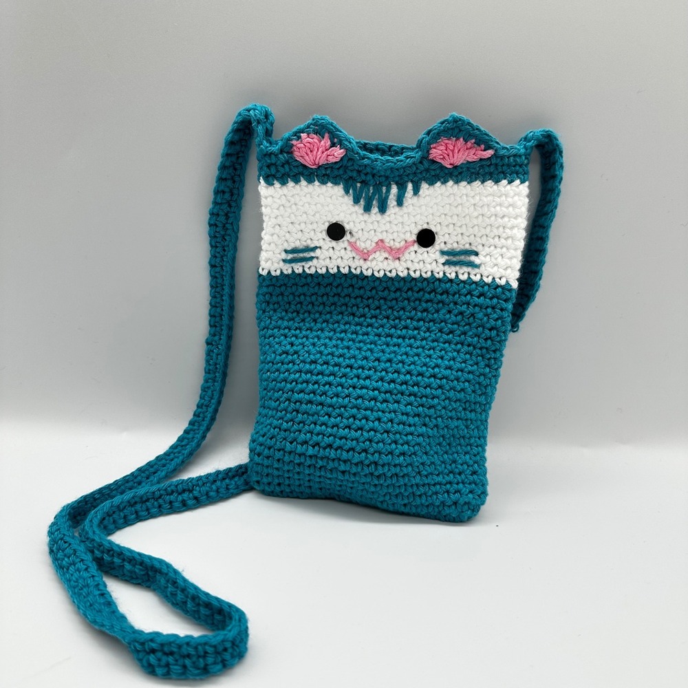 Handmade Crochet Cat Crossbody Bag Teal White Knit Small Pouch OS